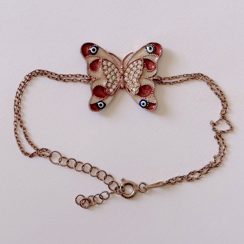 🦋Handmade 925 silver bracelet red butterfly evileye cz 14K rose gold plated